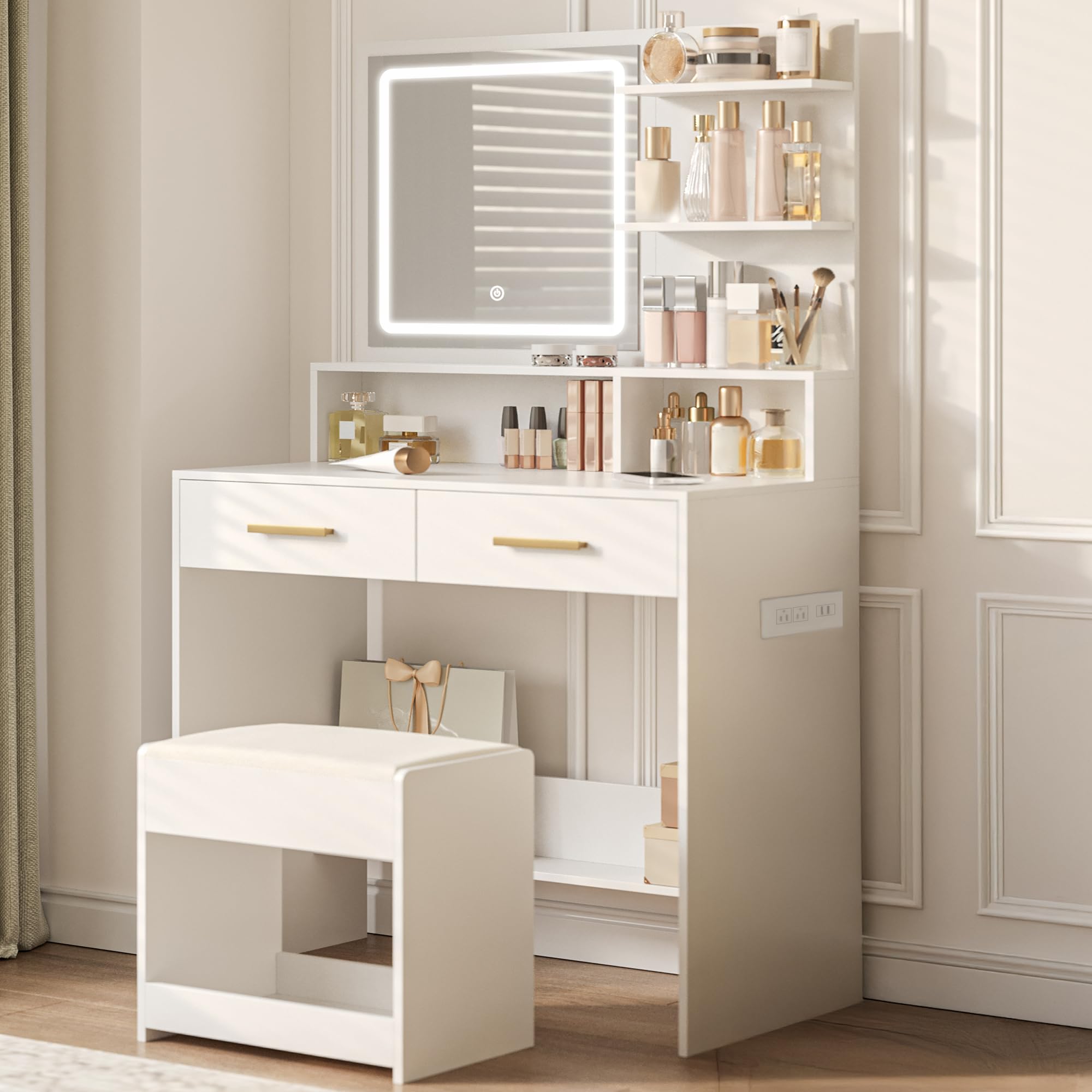 Hzuaneri Vanity Desk with LED Lights, Mirror & Outlet, Makeup